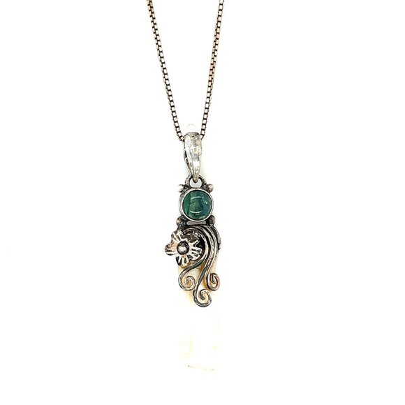 925 Silver Pearl/Green Stone Necklace - Picture 1 of 6
